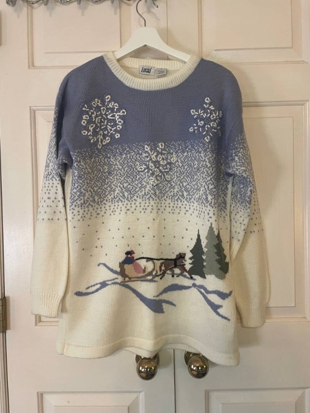 Vintage Lucia Small Winter Sleigh Scene Snowflake Knit Sweater - Cozy Grandmacor